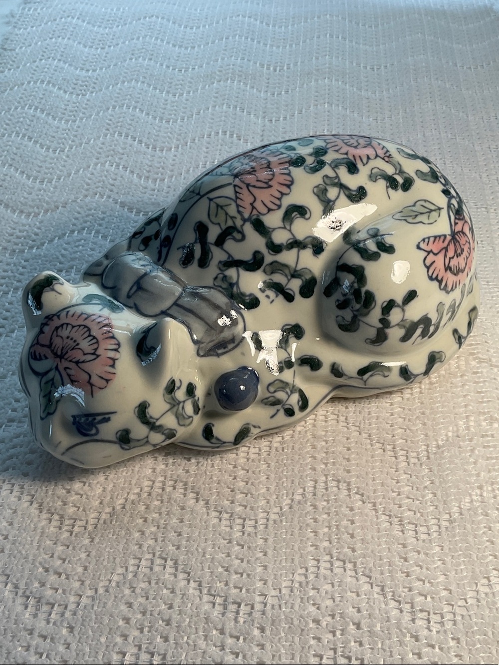 VTG Porcelain Floral Sleeping Cat Figurine in White, Pink, Blue and Teal Green